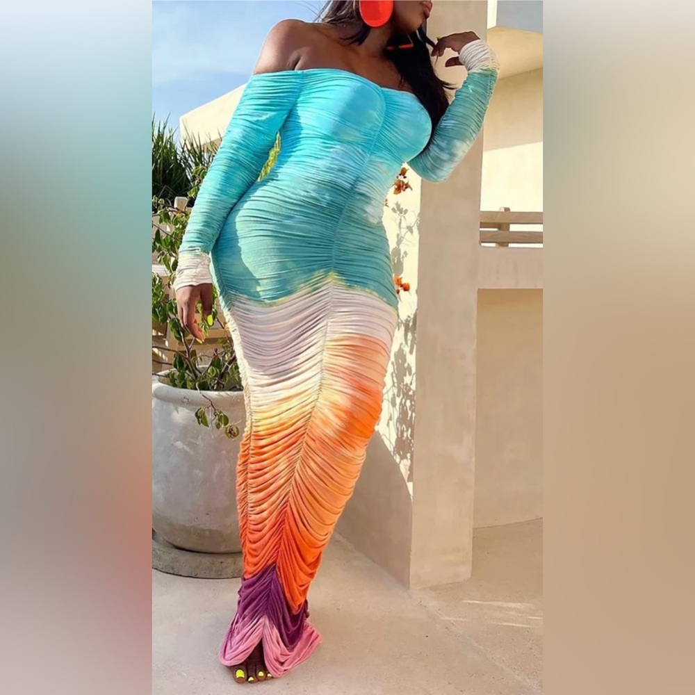 Multicolor Gradient Party Ruched Slim Fit Maxi Dresses